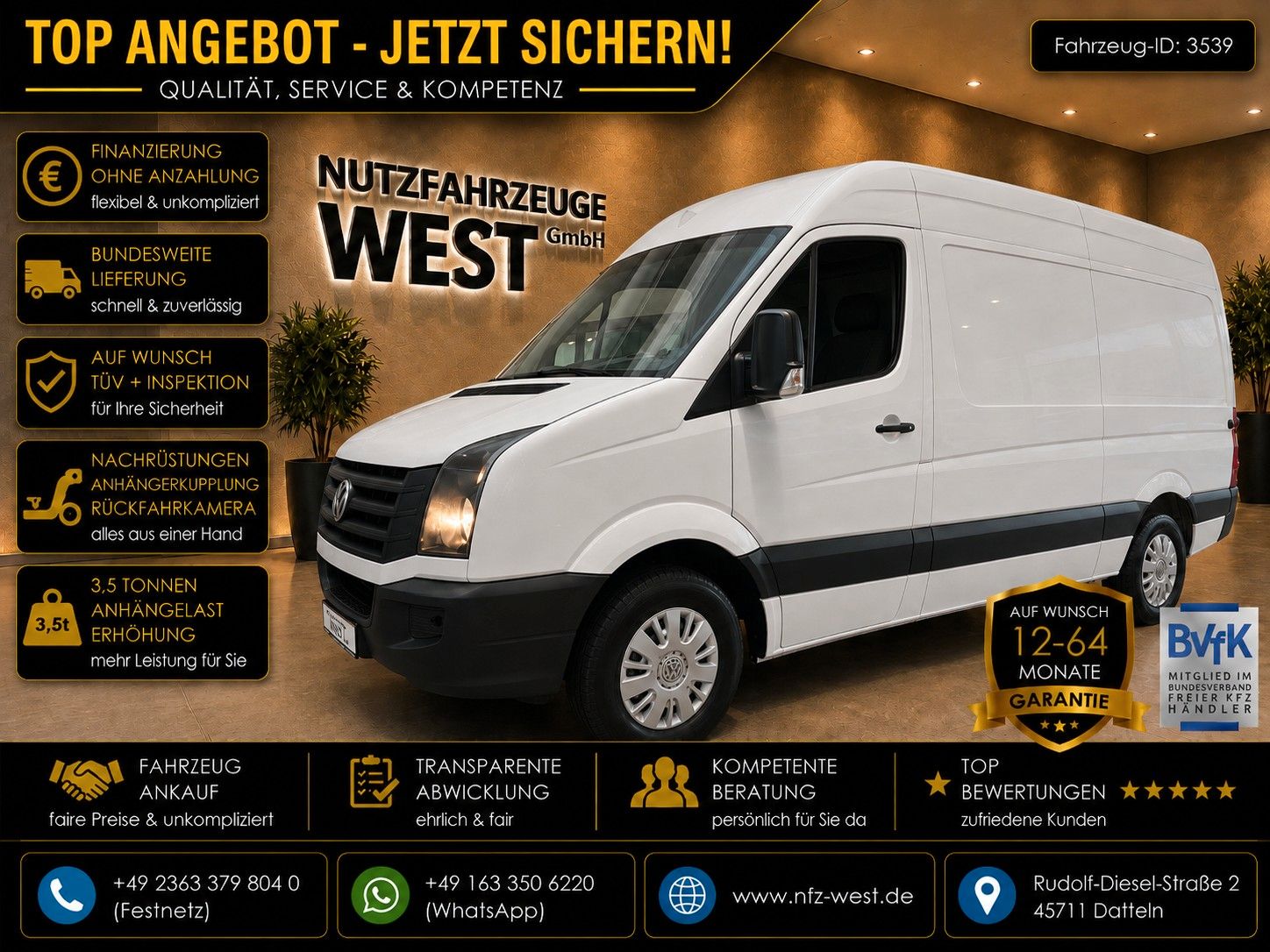 Volkswagen Crafter 2014, 125 000 км, 100 kW (136 PS) дизель, schaltgetriebe — фото с аукциона, доставка в Беларусь