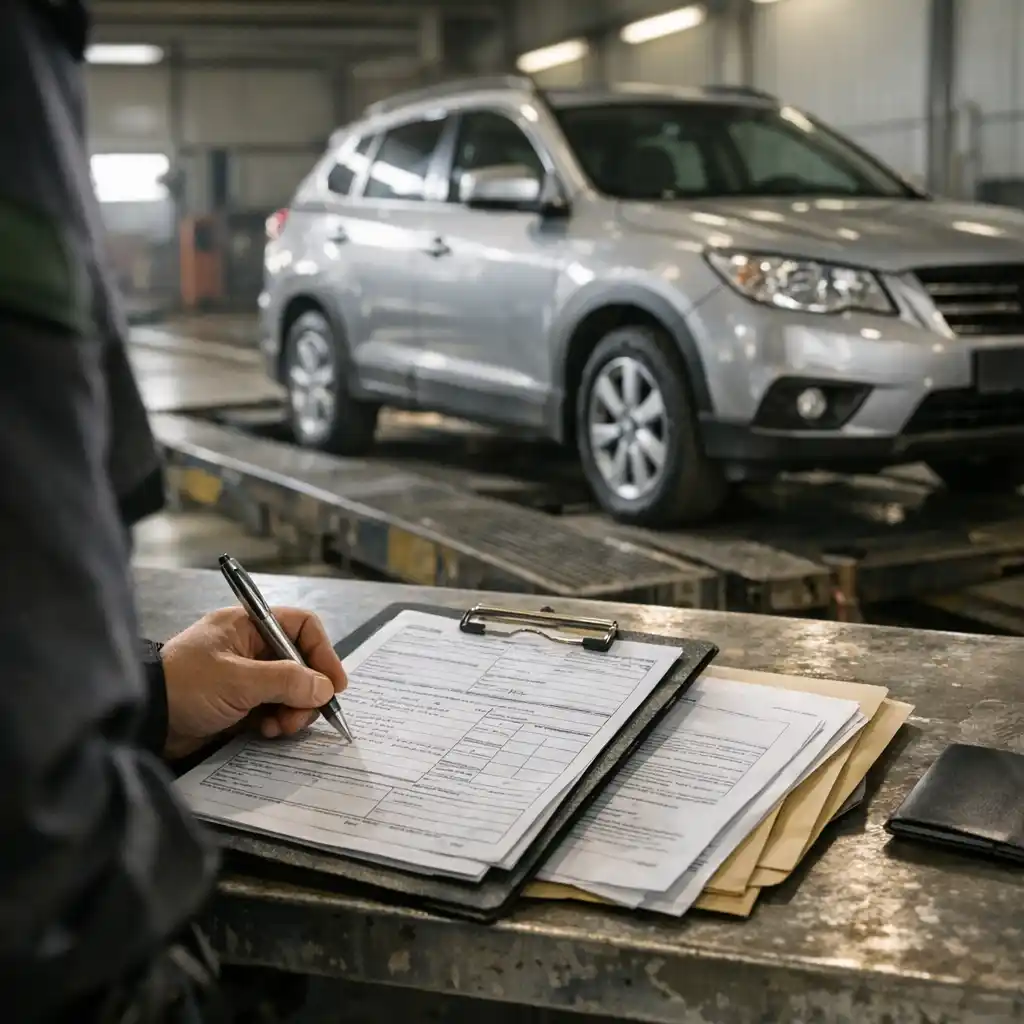 Сотрудник заполняет таможенные документы рядом с автомобилем